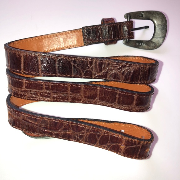 πHPπ JOAN & DAVID Brown Leather Croc Embossed Belt Silver Buckle + Tip Vintage - Picture 9 of 15